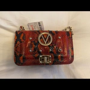 Valentino Coral Red Beatriz Python-Emb Leather Bag